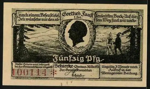 Notgeld Schierke i. Harz 1921, 50 Pfennig, Goethe, Faust und Mephisto, Neue Kirche