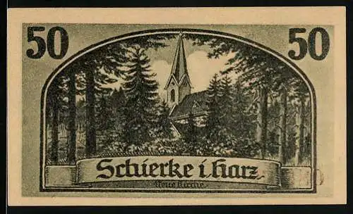 Notgeld Schierke i. Harz 1921, 50 Pfennig, Goethe, Landschaft mit Faust und Mephisto, Neue Kirche