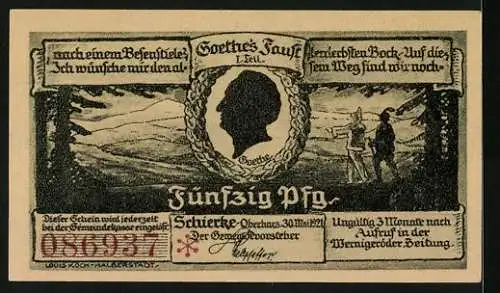 Notgeld Schierke i. Harz 1921, 50 Pfennig, Goethe, Landschaft mit Faust und Mephisto, Neue Kirche