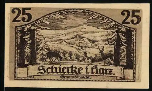 Notgeld Schierke i. Harz 1921, 25 Pfennig, Goethe, Faust und Mephisto, Gesamtansicht mit Hirschen