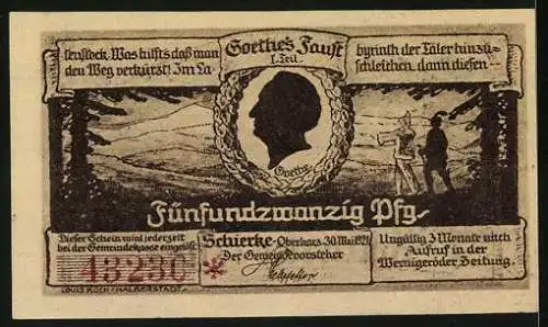 Notgeld Schierke i. Harz 1921, 25 Pfennig, Goethe, Faust und Mephisto, Gesamtansicht mit Hirschen