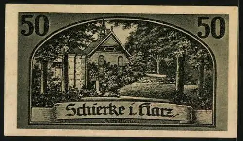 Notgeld Schierke i. Harz 1921, 50 Pfennig, Goethe, Faust und Mephisto, Ortspartie mit alter Kirche