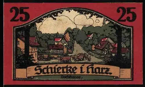 Notgeld Schierke i. Harz 1921, 25 Pfennig, Goethe, Faust und Mephisto, Partie in der Dorfstrasse