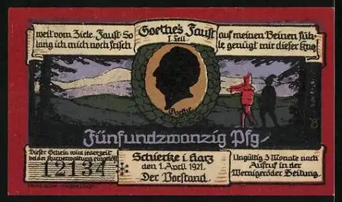 Notgeld Schierke i. Harz 1921, 25 Pfennig, Goethe, Faust und Mephisto, Partie in der Dorfstrasse
