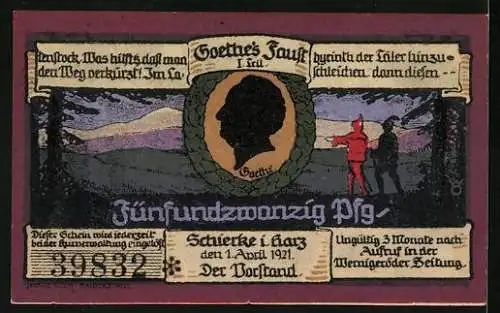Notgeld Schierke i. Harz 1921, 25 Pfennig, Goethe, Faust und Mephisto, Gesamtansicht mit Hirsch