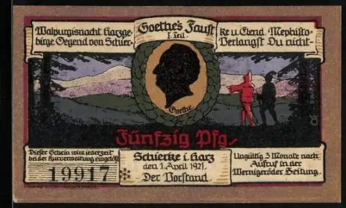 Notgeld Schierke i. Harz 1921, 50 Pfennig, Goethe, Faust und Mephisto blicken über das Land, Alte Kirche