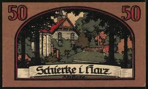 Notgeld Schierke i. Harz 1921, 50 Pfennig, Goethe, Faust und Mephisto blicken über das Land, Alte Kirche
