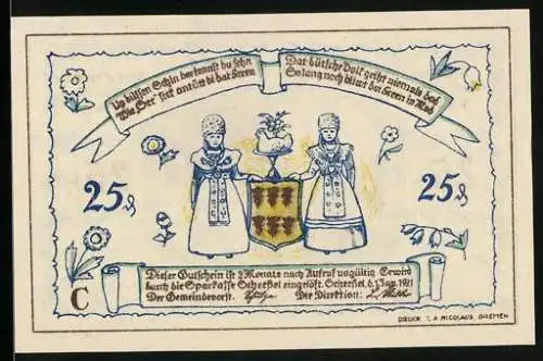 Notgeld Scheessel 1921, 25 Pfennig, Trachtenpaar mit Wappen, Ortspartie mit Turm, Bäuerin mit Tieren