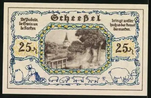 Notgeld Scheessel 1921, 25 Pfennig, Trachtenpaar mit Wappen, Ortspartie mit Turm, Bäuerin mit Tieren