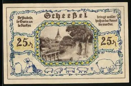 Notgeld Scheessel 1921, 25 Pfennig, Trachtenpaar mit Wappen, Ortspartie mit Turm, Bäuerin mit Schweinen