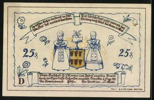 Notgeld Scheessel 1921, 25 Pfennig, Trachtenpaar mit Wappen, Ortspartie mit Turm, Bäuerin mit Schweinen