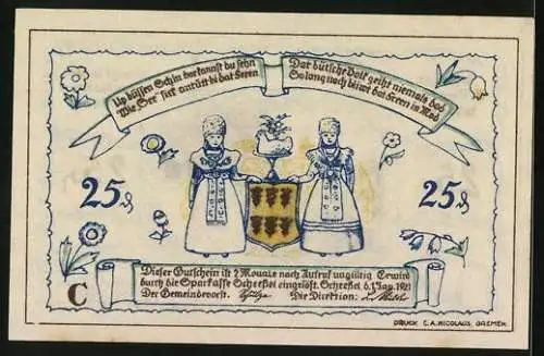 Notgeld Scheessel 1921, 25 Pfennig, Trachtenpaar mit Wappen, Ortspartie mit Turm, Bäuerin und Schweine