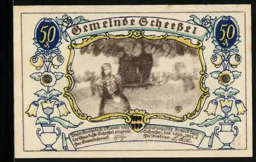 Notgeld Scheessel 1921, 50 Pfennig, Pflügender Bauer, Szene mit Bürgern, Vasen und Blumen