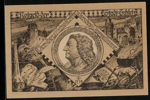 Notgeld Schleiz 1921, 50 Pfennig, Wappen, Johann Friedrich Böttger, Panorama mit Alter Münze