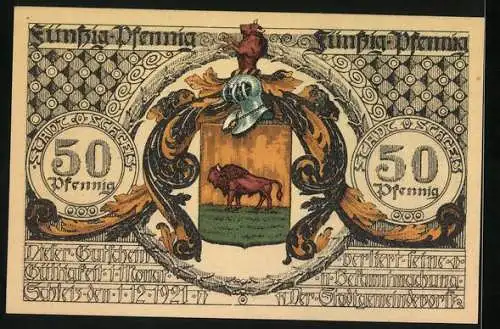 Notgeld Schleiz 1921, 50 Pfennig, Wappen, Johann Friedrich Böttger, Panorama mit Alter Münze
