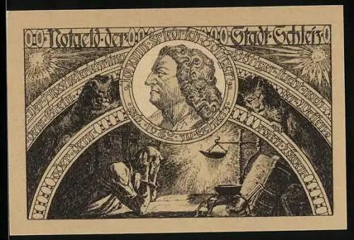 Notgeld Schleiz 1921, 50 Pfennig, Wappen, Johann Friedrich Böttger, Alchemist beim Studium, Löwen