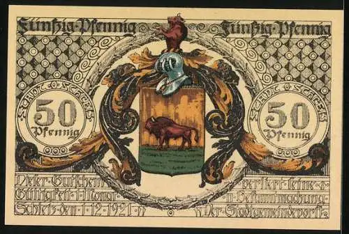 Notgeld Schleiz 1921, 50 Pfennig, Wappen, Johann Friedrich Böttger, Alchemist beim Studium, Löwen