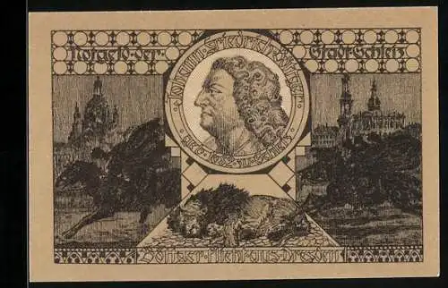 Notgeld Schleiz 1921, 50 Pfennig, Wappen, Johann Friedrich Böttger, Reiter und schlafender Löwe vor Ortspanorama
