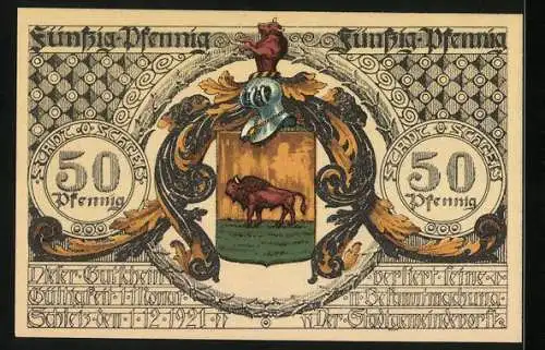 Notgeld Schleiz 1921, 50 Pfennig, Wappen, Johann Friedrich Böttger, Reiter und schlafender Löwe vor Ortspanorama