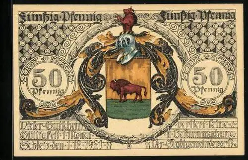 Notgeld Schleiz 1921, 50 Pfennig, Wappen, Johann Friedrich Böttger, Kinder mit Früchten