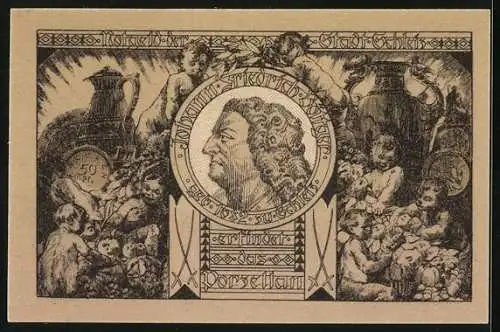 Notgeld Schleiz 1921, 50 Pfennig, Wappen, Johann Friedrich Böttger, Kinder mit Früchten