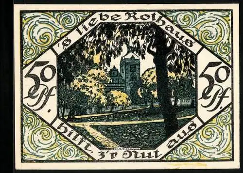 Notgeld Scheibenberg 1921, 50 Pfennig, Bergmann mit Schriftrolle und Beil vor Ortsansicht, Rothaus