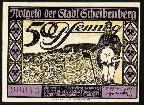 Notgeld Scheibenberg 1921, 50 Pfennig, Bergmann mit Schriftrolle und Beil vor Ortsansicht, Rothaus