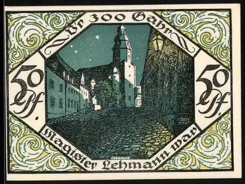 Notgeld Scheibenberg 1921, 50 Pfennig, Bergmann mit Schriftrolle und Beil vor Ortsansicht, Strassenpartie mit Turm