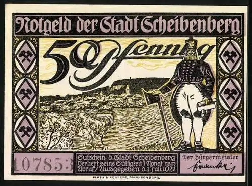 Notgeld Scheibenberg 1921, 50 Pfennig, Bergmann mit Schriftrolle und Beil vor Ortsansicht, Strassenpartie mit Turm