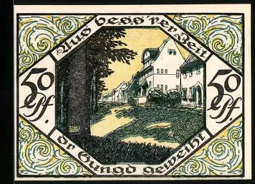 Notgeld Scheibenberg 1921, 50 Pfennig, Bergmann mit Schriftrolle und Beil vor Ortsansicht, Strassenpartie