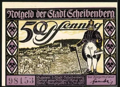 Notgeld Scheibenberg 1921, 50 Pfennig, Bergmann mit Schriftrolle und Beil vor Ortsansicht, Strassenpartie