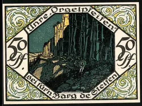 Notgeld Scheibenberg 1921, 50 Pfennig, Bergmann mit Schriftrolle und Beil vor Ortsansicht, Orgelpfeifen