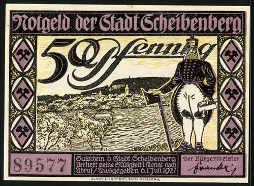 Notgeld Scheibenberg 1921, 50 Pfennig, Bergmann mit Schriftrolle und Beil vor Ortsansicht, Orgelpfeifen