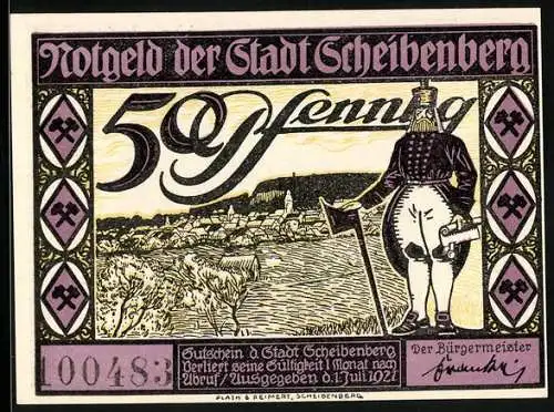 Notgeld Scheibenberg 1921, 50 Pfennig, Bergmann mit Schriftrolle und Beil vor Ortsansicht, Lange Strasse mit Turm