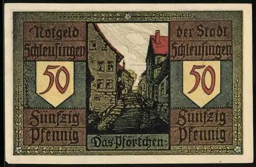 Notgeld Schleusingen, 50 Pfennig, Das Pförtchen, Zauberer wird vom Grafen erstochen