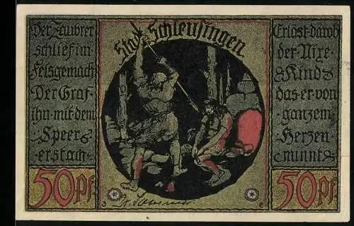Notgeld Schleusingen, 50 Pfennig, Das Pförtchen, Graf ersticht den Zauberer