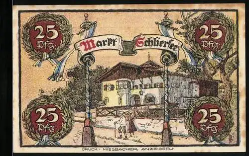 Notgeld Schliersee 1921, 25 Pfennig, Weisses Gebäude, Wappen, Burg, Kirche