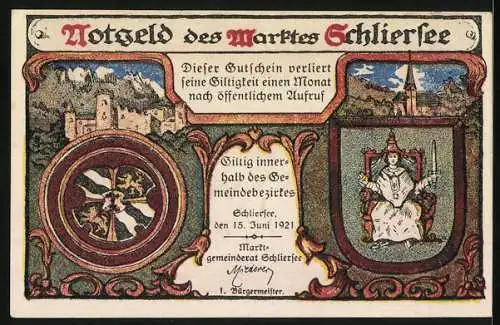 Notgeld Schliersee 1921, 10 Pfennig, Bergziege vor dem Ort, Wappen, Burg, Kirche