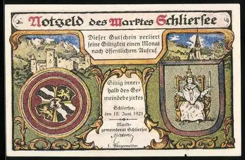 Notgeld Schliersee 1921, 25 Pfennig, Weisses Gebäude und Wanderer, Wappen, Burg, Kirche