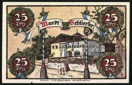 Notgeld Schliersee 1921, 25 Pfennig, Weisses Gebäude und Wanderer, Wappen, Burg, Kirche