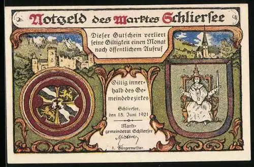 Notgeld Schliersee 1921, 25 Pfennig, Weisses Gebäude mit Strasse, Wappen, Burg, Kirche