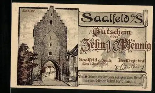 Notgeld Saalfeld a. S. 1921, 10 Pfennig, Das Saaltor