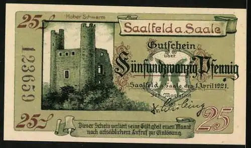 Notgeld Saalfeld a. S. 1921, 25 Pfennig, Burg Hoher Schwarm