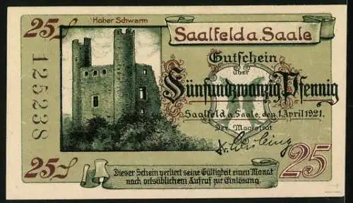 Notgeld Saalfeld a. S. 1921, 25 Pfennig, Die Burgen Hoher Schwarm und Kitzerstein