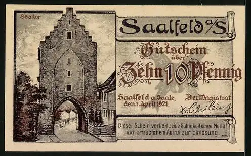 Notgeld Saalfeld a. S. 1921, 10 Pfennig, Saaltor und Kulm