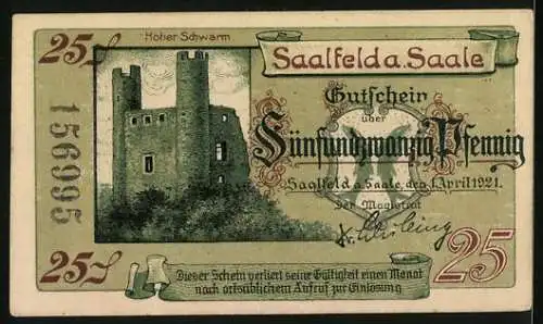 Notgeld Saalfeld a. S. 1921, 25 Pfennig, Burg Kitzerstein