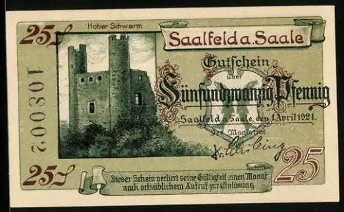 Notgeld Saalfeld a. S. 1921, 25 Pfennig, Die Burg Hoher Schwarm