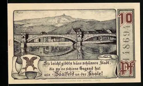 Notgeld Saalfeld a. S. 1921, 10 Pfennig, Brücke und Kulm