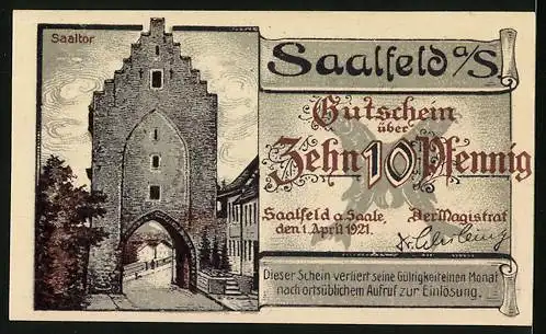 Notgeld Saalfeld a. S. 1921, 10 Pfennig, Brücke und Kulm