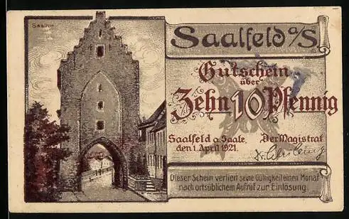 Notgeld Saalfeld a. S. 1921, 10 Pfennig, Das Saaltor, Brücke und Kulm